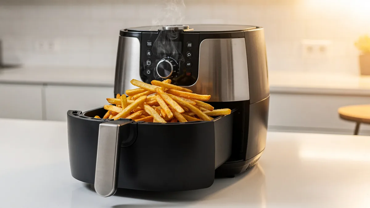 Frites dorées et fumantes sortant du tiroir d'une friteuse sans huile
