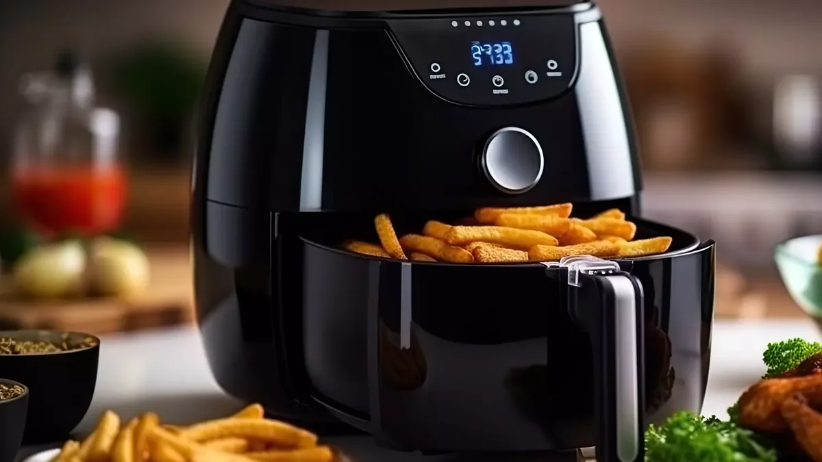 Friteuse sans huile à tiroir large ouvert sur des frites dorées, panneau de commande tactile allumé