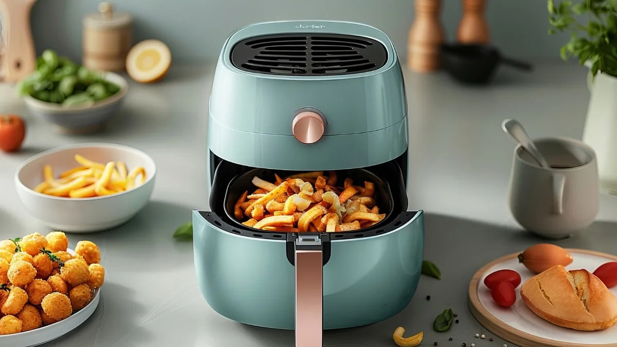 Friteuse sans huile de couleur bleu pastel posée sur un plan de travail de cuisine