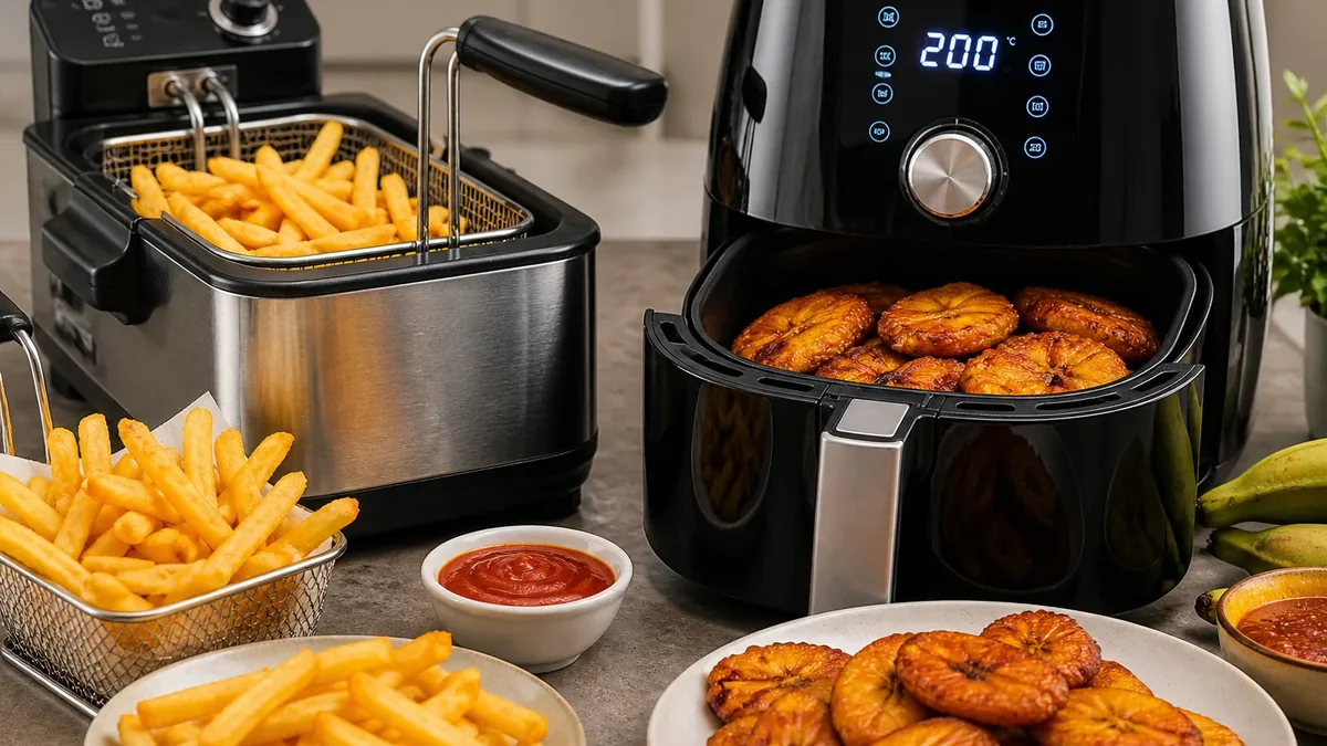 Comparaison côte à côte d'une friteuse traditionnelle à bain d'huile et d'une friteuse sans huile moderne